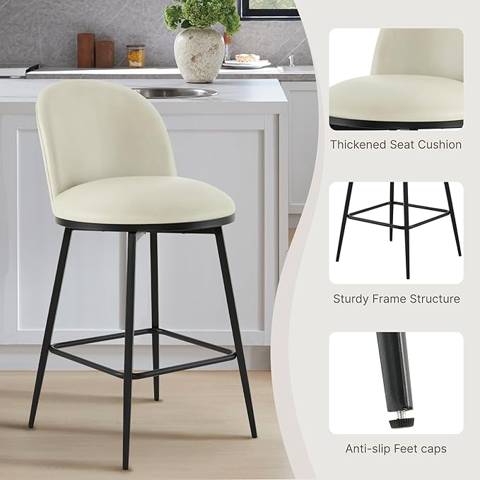 26" Counter Height Swivel Bar Stools Set of 3, Upholstered Faux Leather Barstools with Backs and Metal Legs for Kitchen Island,Cream