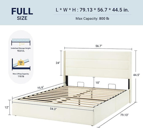 Allewie Full Size Lift Up Storage Bed, Chenille Fabric Upholstered, Modern Wingback Headboard, Hydraulic Support, No Box Spring Needed, Cream White