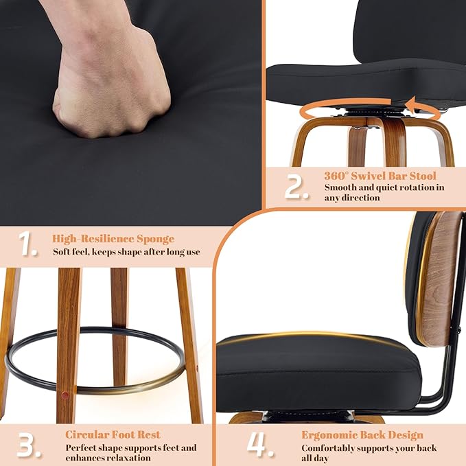 Counter Height Bar Stools Set of 4, 26+inch Swivel Faux Leather Barstool with Back, Upholstered Mid-Century Modern Bar Chairs with Bent Wood Legs for Kitchen Counter, Dining Room, Black