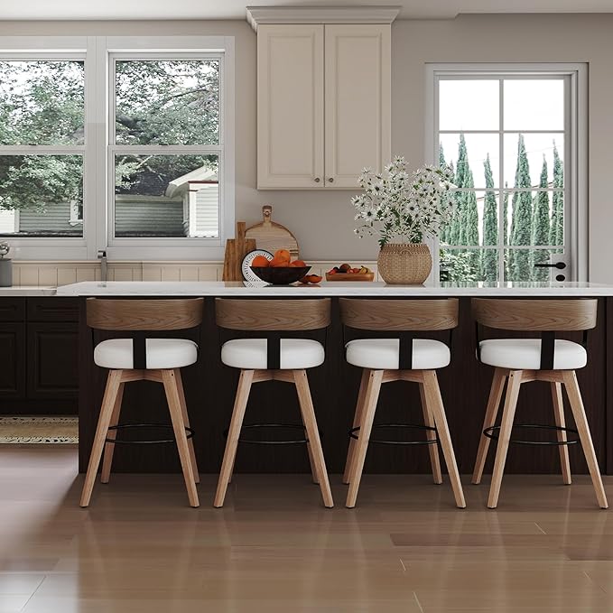 DUOMAY Swivel Bar Stools Set of 4-26" Counter Height Bar Stool with Footrest - Modern Wood Barstools with Linen Upholstered Seat - 360-Degree Swivel Stool for Kitchen Island Home Bar - White