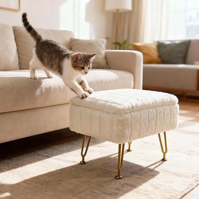 ACEQLYT® Small Foot Stool, Small Ottoman with Storage, White Furry Footstool with Soft Padded Seat & Gold Metal Leg