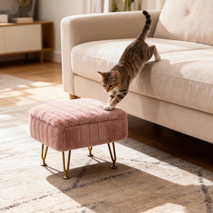ACEQLYT® Small Foot Stool, Small Ottoman with Storage, Pink Furry Footstool with Soft Padded Seat & Gold Metal Leg