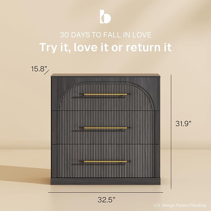 BELLEZE Fluted Modular Sideboard Cabinet, Classic Modern Buffet Cabinet with 3 Drawers, Accent Credenza Storage Cabinet for Dining Room Living Room Entryway (Ebony)