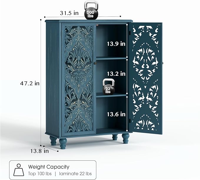 JOINICE 47" Tall Accent Cabinet with Navy Blue Mandala Carved Doors, Solid Wood Legs Storage Cabinet with 100 lbs Capacity, Boho Farmhouse Sideboard Buffet for Entryway, Living Room & Coffee Bar