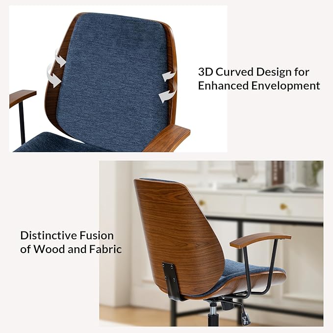 Modern Office Chair with Bentwood Polyester Upholstery Ergonomic Swivel Desk Chair with Adjustable Height for Home Office or Study Navy