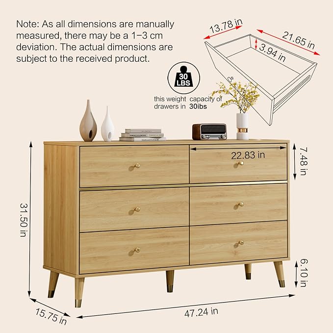 Chrangmay 6 Drawer Dresser,47" Wide Mid Century Modern Chest of Drawers,Wooden Bedroom Drawer Dresser with 6 Storage Drawers for Bedroom,Living Room,with Anti-Tipping Device,Wood