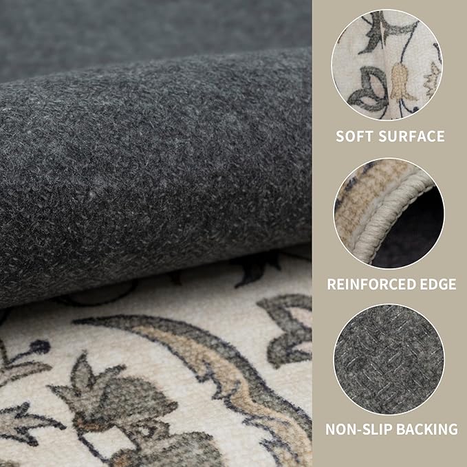 9×12 Washable Large Area Rugs for Living Room, Floral Soft Rug Non Slip Stain Resistant Carpet for Bedroom Dining Room Kitchen Farmhouse Home Decor，Beige Multi 061
