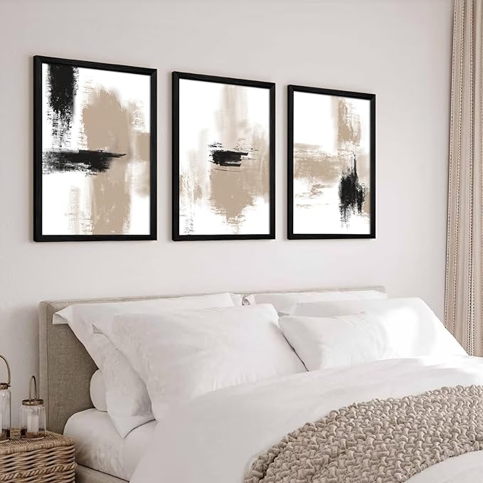 Joocrise Beige Abstract Wall Art Painting Set of 3 Neutral Canvas Wall Art Prints Black Beige Modern Wall Decor Minimalist Art Pictures Abstract Modern Artwork for Room Bedroom 12x16 Inch Wood Framed