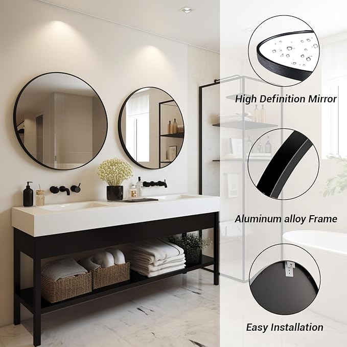 Sunniry Small Round Mirror, 16 inch Round Mirror, Circle Black Mirrors, Metal Frame Circle Mirrors for Bathroom, Bedroom, Vanity, Wall Decor.