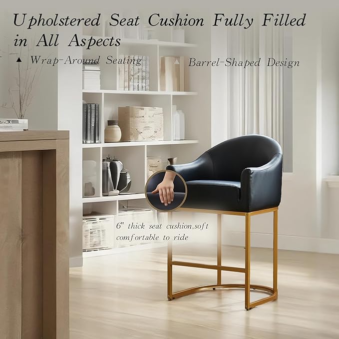 26" Modern Counter Height Bar Stools,Barstools with Arms,Kitchen Island Chairs,PU Leather Upholstered Barrel Bar stools with Backs,Metal Gold Frames,Ink Black Leather