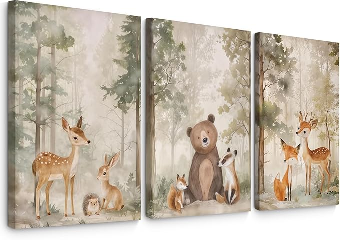 Woodland Nursery Wall Art Decor Animal Forest Canvas Prints Baby Boy Room Wall Decor Bear Nursery Nature Pictures Deer Prints Artwork for Boy Girl Kids Bedroom 12x16 Inch Wrapped Canvas Set of 3