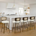 Bekrvio Swivel Bar Stools Set of 4, Upholstered Faux Leather Barstools with Rattan Back, 29" Seat Height Bar Chairs for Kitchen Island, Bentwood Wood Frame, Cream White