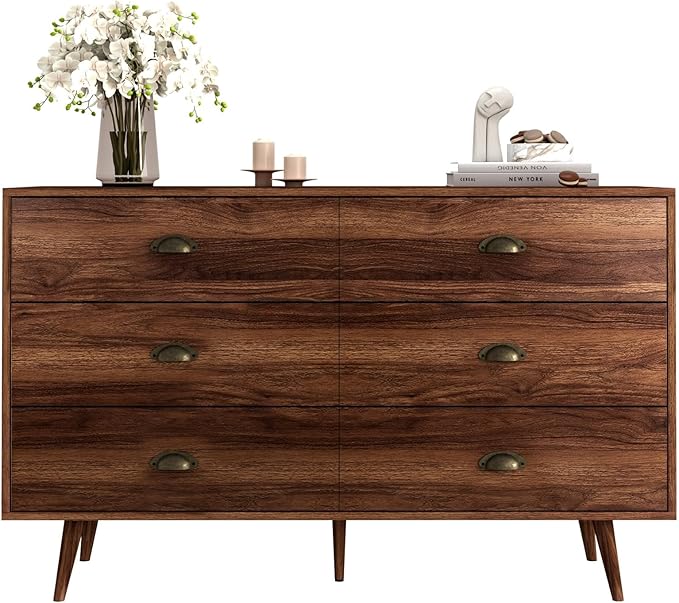 CARPETNAL Walnut Brown Dresser for Bedroom, 6 Drawer Dresser with Wide Drawers and Metal Knob, Wood Dressers & Chest of Hallway, Entryway.