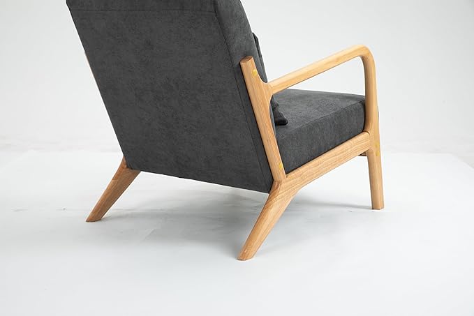 KEIKI Mid Century Modern Accent Chair Wood Frame, Cotton Linen Sleek Neutral Armchair for Living Room Bedroom Sunroom Apartment Studio, Urban Lounge Seat with Waist Cushion, Padded, Easy Setup, Grey