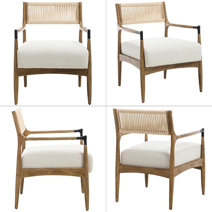 Ya-Home Mid-Century Modern Accent Chairs with Woven Rope Back, Upholstered Linen Fabric Armchairs with Solid Wood Frame for Living Room Bedroom, 2PCS, Beige