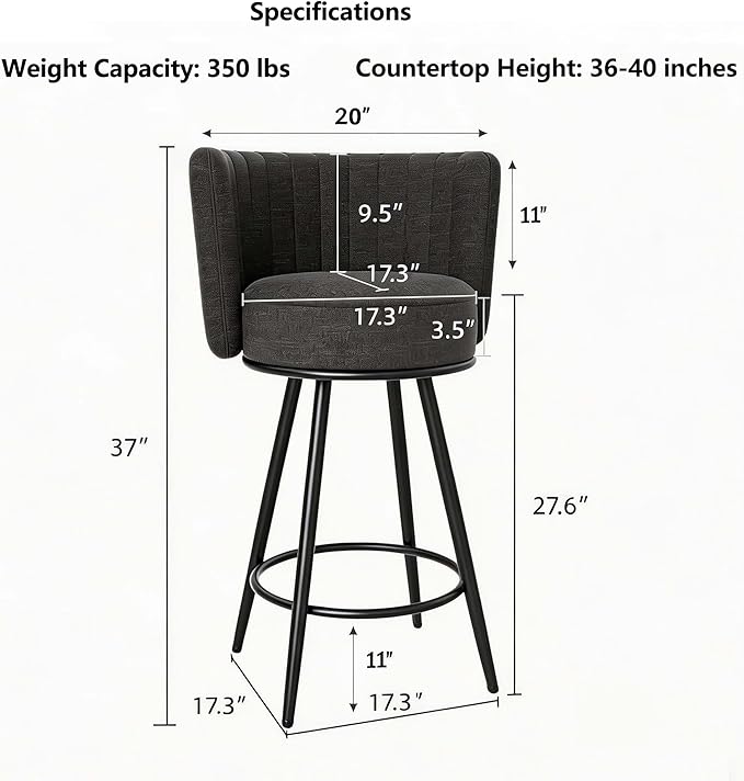 HONIFUR Bar Stools Set of 2, 27" Tufted Modern Counter Height Bar Stools, Upholstered Barstools with Back & Footrest Metal Legs, Stools for Kitchen Island, Counter, Cafes, Dining Room (Dark Gray)