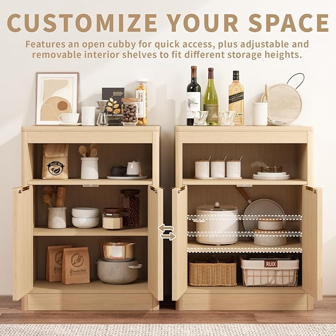 Fluted Buffet Cabinet with Storage, Small Coffee Bar Cabinet with Doors & Adjustable Shelves, Wood Storage Cabinet for Kitchen, Living Room, Entryway, Oak
