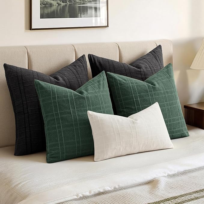 MIULEE Decorative Linen Check Throw Pillow Covers Neutral Farmhouse Vintage Spring Pillow Covers 20x20 Set of 2 Boho Modern Home Decor for Sofa Couch Bedroom Cushion Dark Green
