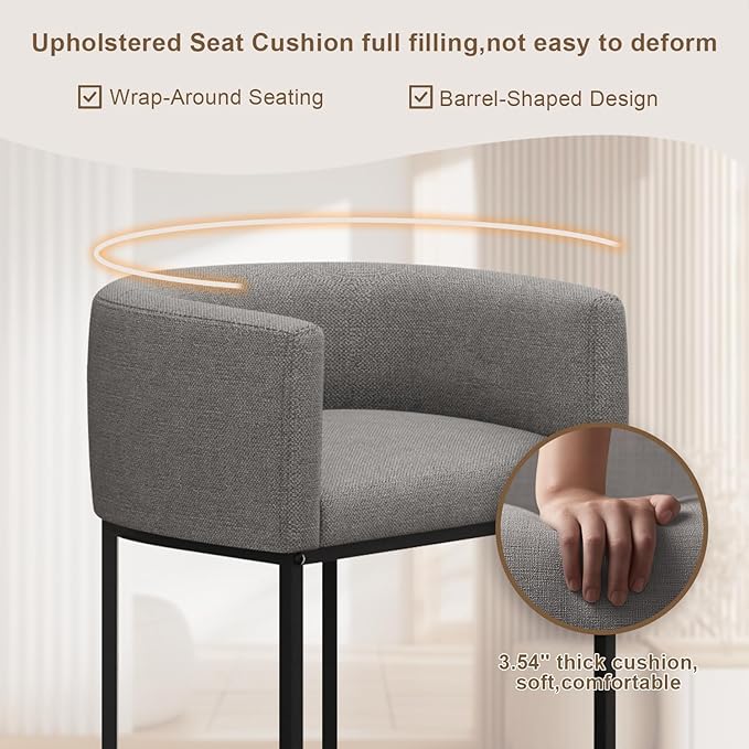 26" H Counter Height Bar Stools Set of 1, Modern Barrel Counter Stools with Backrest and Arms, Linen Fabric Upholstered Accent Barstools for Kitchen Island,Support 450 LBS (Gray)