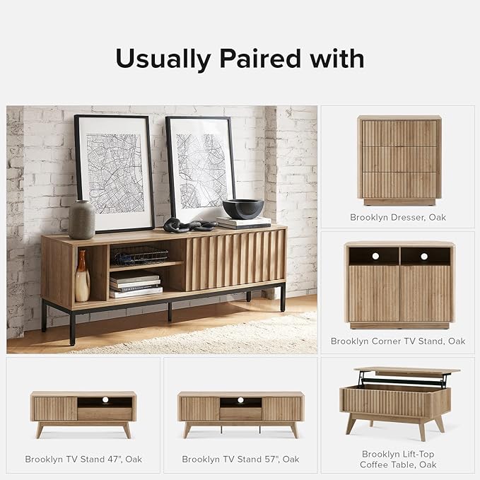 mopio Norwin TV Stand, Rustic Modern Industrial Television Stand for 60/65/70 inch TV, Fluted Entertainment Center with Storage, Wood Media Console Credenza Cabinet Table (Oak 64" TV Stand)