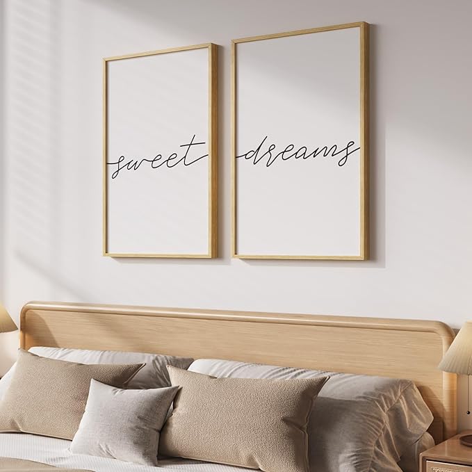 Framed Sweet Dreams Wall Art for Bedroom Decor, Set of 2 Minimalist Quote Canvas Prints, Modern Black and White Typography Artwork for Nursery Guest Room Bedroom Hallway Walls Decor, 16x24 Inch