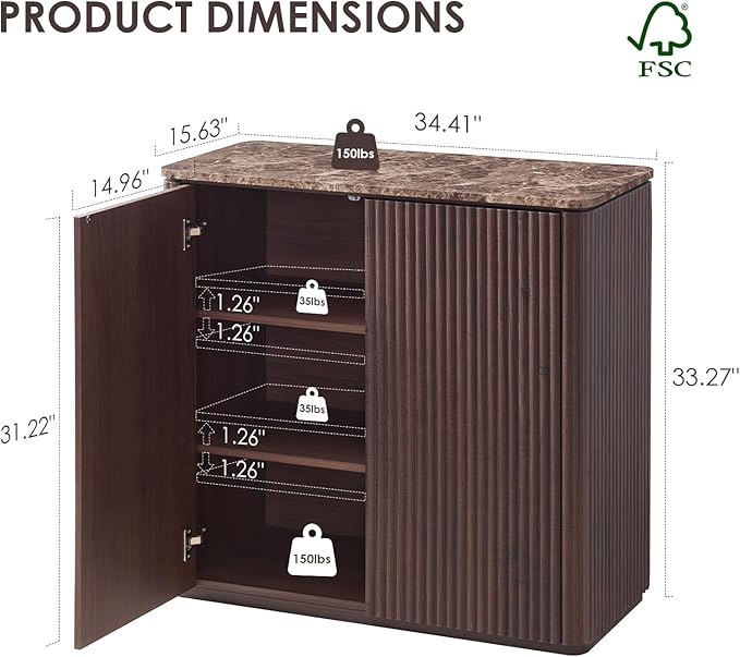 Fluted 2 Doors Sideboard Cabinet with Storage, 34" Wooden Credenza with Shelves, Faux Marble-Top Coffee Bar Console Table, Modern Buffet Cabinet for Dining, Kitchen, Living Room, Entryway, Dark Oak