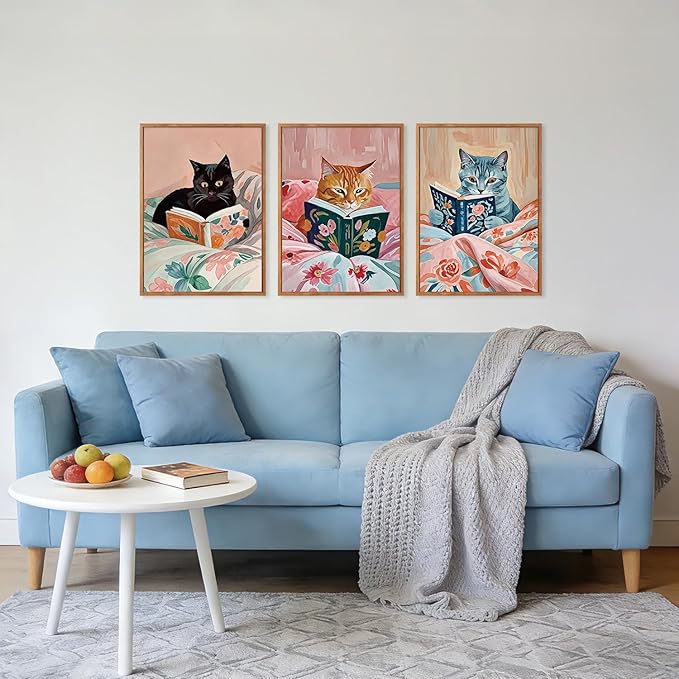 HPNIUB Framed Vintage Black Cats Canvas Wall Art, Funny Animal Reading Books Poster Printing Pictures, Pink Cute Cat Lovers Wall Decor for Girls Room Bedroom Living Room(Set of 3,12X16 Inch)
