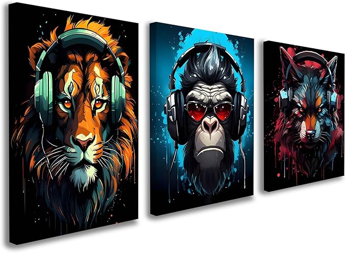 3 Piece Framed Canvas Wall Art, Modern Animal DJ Wall Decor with Lion, Monkey and Wolf, Colorful Pop Art Artwork for Living Room Bedroom Office Gaming Room, 12x16 Inch