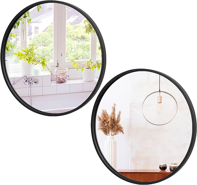 Smartxchoices Pack of 2 Black Round Mirrors 18 Inch, Wall Mounted Circle Mirrors, Metal Vanity Mirror Wall Bathroom Décor, Washrooms, Living Rooms