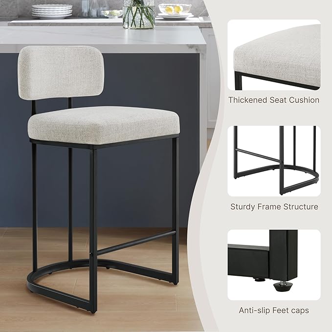 26" H Counter Height Bar Stools Set of 3, Modern Linen Fabric Upholstered Barstools with Backrest for Kitchen Island, Black Metal Frames, Wheat