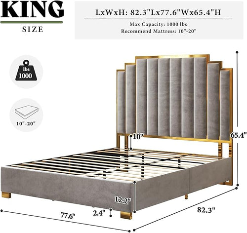 AMERLIFE King Size Upholstered Bed, Modern Velvet Bed Frame with 65.4” Tall Gold Trim Headboard, No Box Spring Needed, Grey