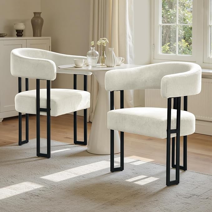 SIMTONAL Mid-Century Modern Dining Chairs Set of 6, Armrest Barrel Dining Chairs Side Accent Chairs with Curved Back, Upholstered Armchairs for Kitchen, Soft Teddy Fleece Surface, White