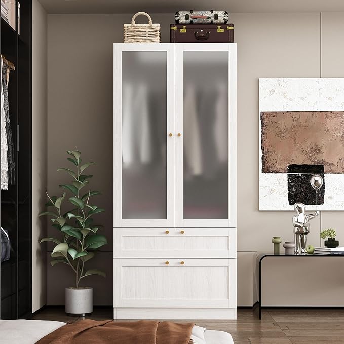 MOUMON 70.9" Wardrobe with Frosted Glass Doors & 2 Drawers, Armoire Closet with Hanging Rod, for Bedroom 31.5”W x 19.7”D x 70.9”H