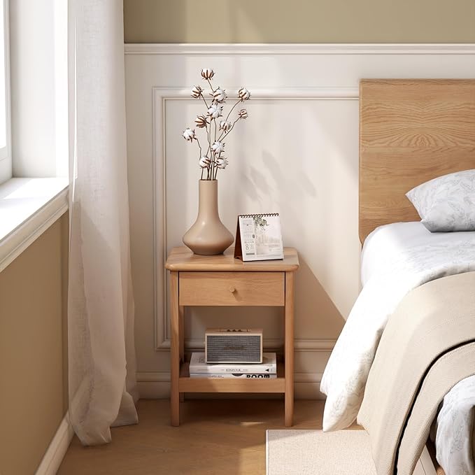 Wood Side Table Set of 2, Small Wooden Bedside Table with Drawer and Open Storage, Wooden Night Stand for Bedroom, Living Room, Natural, 18.5" H