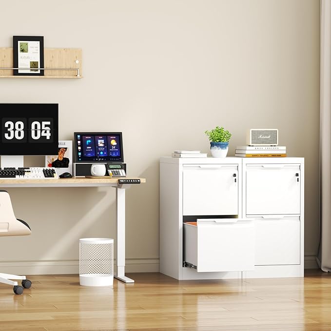 2 Drawer File Cabinet with Lock, Heavy Duty Steel Under Desk Vertical Filing Cabinet for Home Office Use, Printer Stand with Drawers, for A4/Letter-Size Files, Easy to Assemble, White