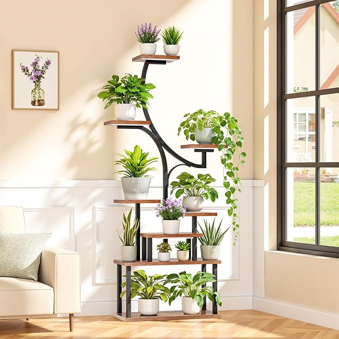 softeen Plant Stand Indoor with 4 Grow Lights & 3 Colors, 8 Tiered Corner Plant Shelf, 63" Tall Plant Stands for Indoor Plants Multiple, Metal Flower Display Shelves Holder for Home(Dark Black)