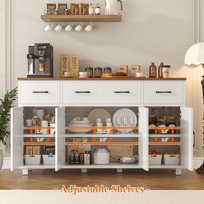 VVFLU 55" Sideboard Buffet Cabinet with Storage, Coffee Bar Cabinet with 3 Drawers and 4 Barn Doors, Long Storage Cabinet Modern Farmhouse, White Wood, for Kitchen, Dining Room, Living Room
