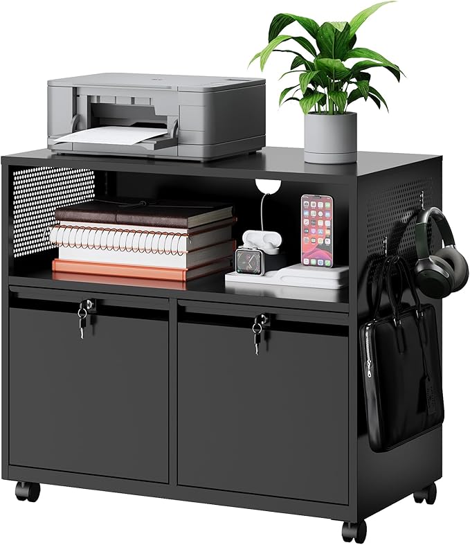 MIIIKO File Cabinet with Storage 2 Drawers, Rolling File Cabinet for Home Office, Metal Black 2 Drawers Storage with Shelf, for Printer, Letter A4 File Organizer