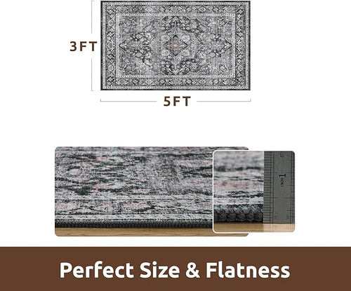 AMOAMI-3X5 Area Rug-Soft Washable Rugs for Living Room Bedroom -Non Slip Entryway Rug-Indoor Vintage Throw Rug Accent Rug for Living Room Laundry Room Kitchen Bathroom Bedside Dark Grey & Black