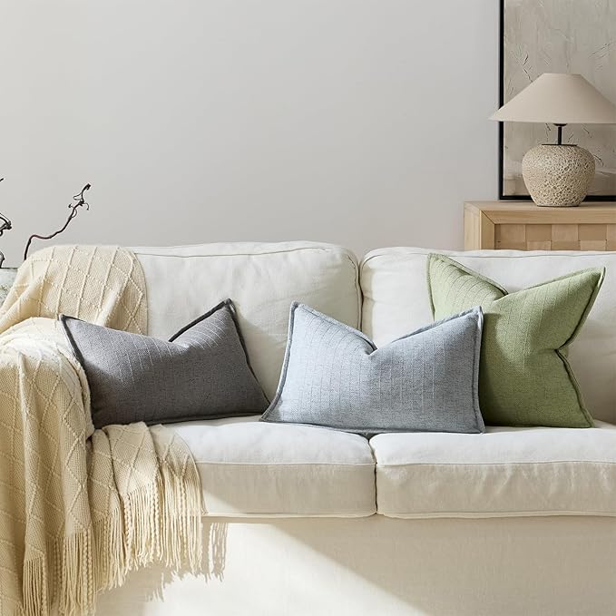 DEZENE 16x16 Linen Pillow Covers Sage Green Pack of 2 Farmhouse Boho Neutral Accents Striped Textured Square Decorative Throw Pillow Cases for Living Room Couch Bed Home Decor
