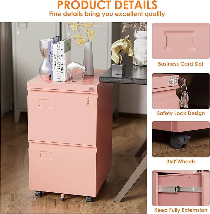 METAN 2 Drawer Metal File Cabinet with Lock, Mobile Rolling Filing Cabinet for Home Office, Under Desk Storage Holds Letter & Legal Size, Anti-Tilt, 17.32"D x 14.56"W x 25.6"H, Pink, Assembly Required