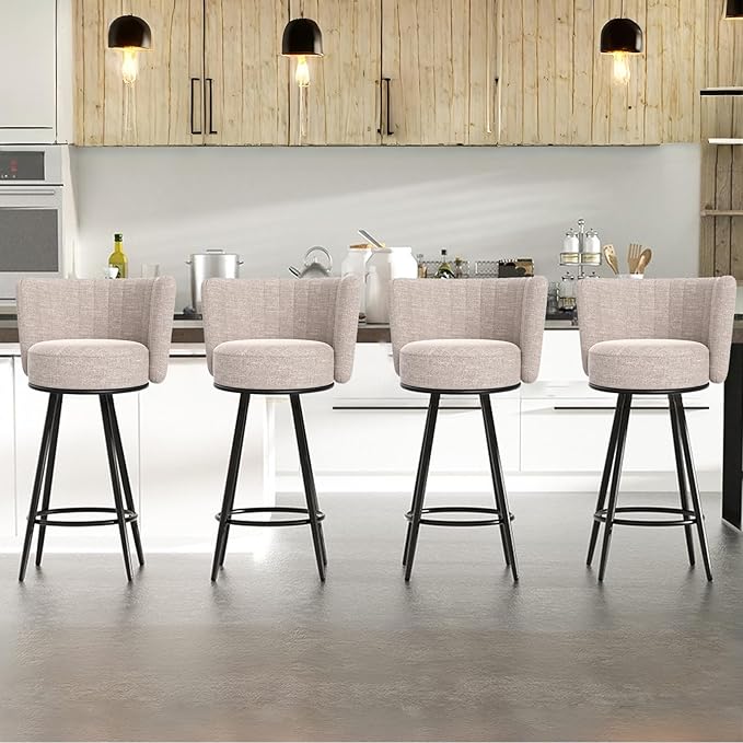 HONIFUR Bar Stools Set of 4, Counter Height Barstools with Back & Footrest Metal Legs, Counter Stools for Kitchen Island, Counter, Cafes, Dining Room (Swivel, Beige)