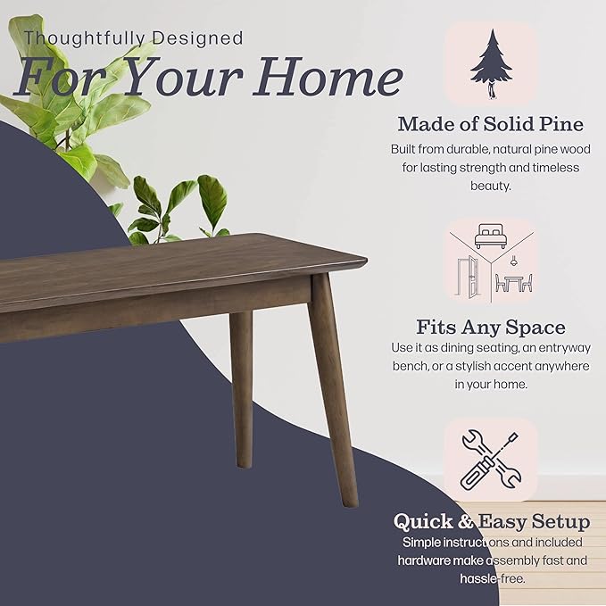 Alaterre Furniture Calais Dining – Mid Century Modern 46-Inch Solid Wood Dining Bench – Entryway Bench with Minimalist Design for Entryway, Dining Room, Kitchen, or Bedroom (Warm Walnut Finish)