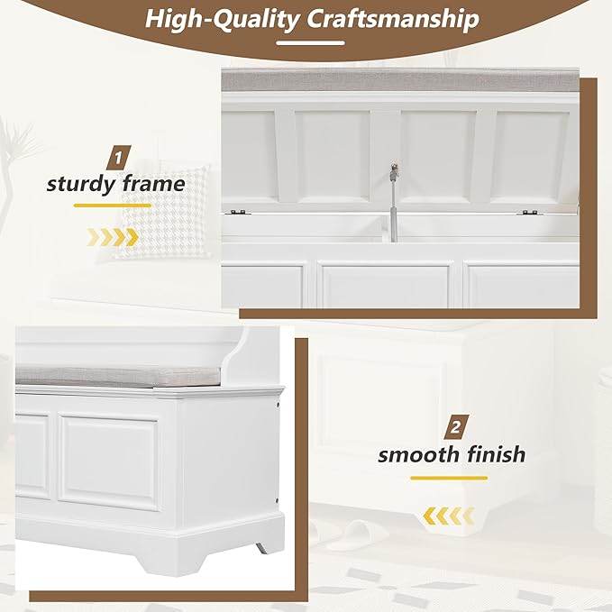 LUMISOL Shoe Storage Bench with Cushion, 41.7“ Farmhouse Entryway Bench with Soft-Close Devices and Hidden Storage, Upholstered Storage Ottoman for Living Room, Entryway, Bedroom, White