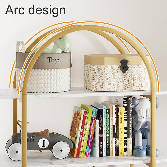 Arbuxzuy Arched Bookshelf 5 Tier Book Shelf, 31.5 Inch Width Industrial Arch Bookcase, Curved Tall Bookshelf with Open Shelves for Home Office, Living Room, Bedroom, Gold