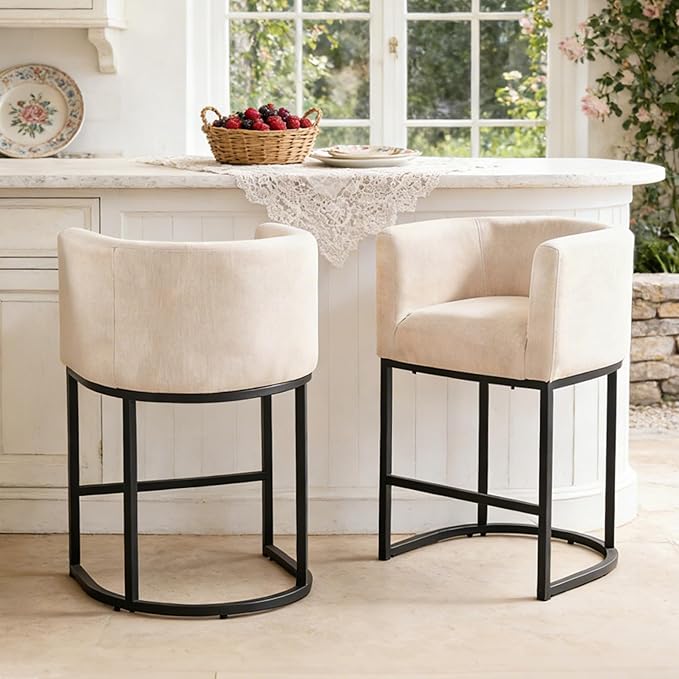 ClinQ 26" H Counter Height Bar Stools Set of 2, Modern Barrel Counter Stools with Backrest and Arms, Black Metal Frames, Linen Fabric Upholstered Accent Barstools for Kitchen Island,Linen Color