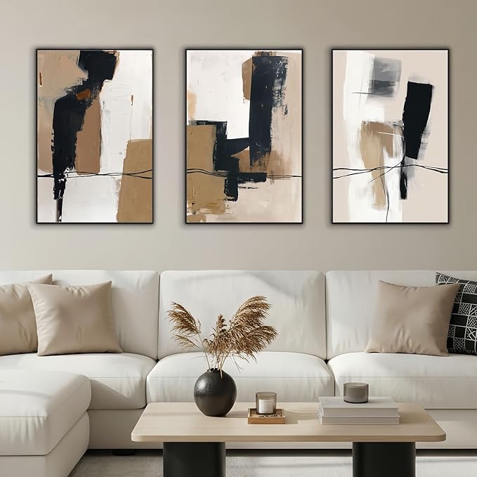 SAFERRYHOME Neutral Abstract Wall Art Tan and Black Framed Canvas Print Set, Mid-Century Modern Brown Minimalist Shapes for Living Room, Bedroom, Office - Ready to Hang - Set of 3, 16x24 Inch