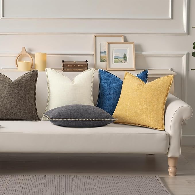 decorUhome Summer Decorative Throw Pillow Covers 20x20 Set of 2 Square Faux Linen Outdoor Neutral Farmhouse Pillow Covers with Stitched Edge for Couch Sofa Living Room, Dark Blue