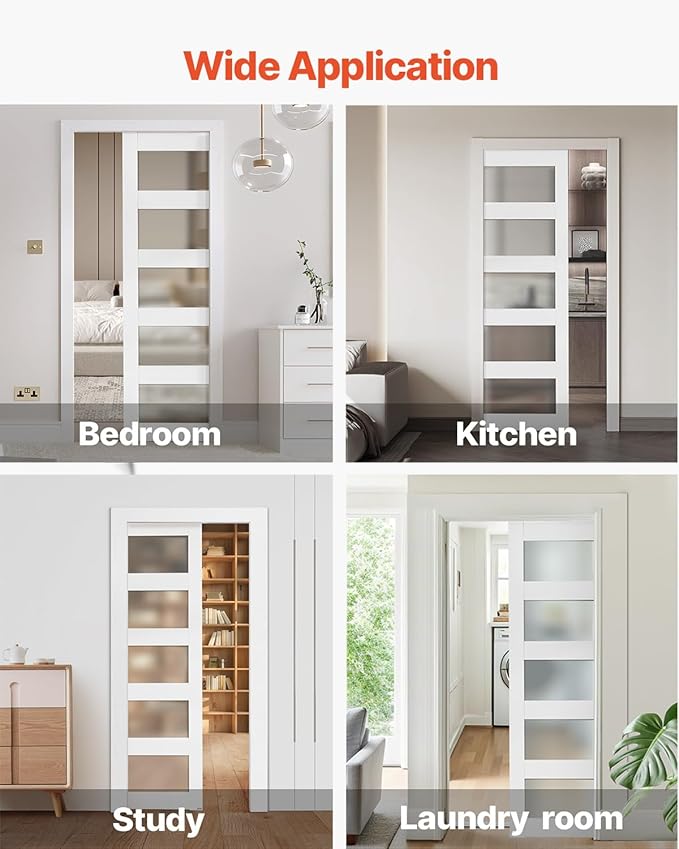 VEVOR Sliding Pocket Door, 36" x 80", 5-Lite Frosted Glass with Hardware Kit, Sturdy Solid Wood & MDF Pocket Doors Slab with Waterproof Surface, Pre-Drilled Doors Panel, Need to Assemble