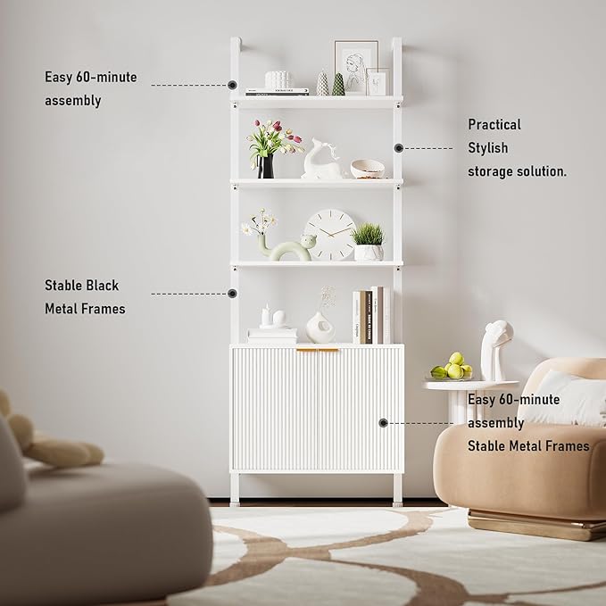 INNOD 74" Tall Bookshelf with Storage Cabinet, Modern Ladder Shelf with Wood and Metal Frame, Wall Mount Bookcase Open Display Shelf Furniture for Living Room, Bedroom, Home Office, White